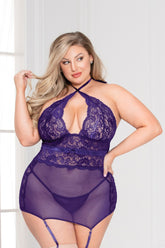 Two Piece Chemise Set. Galloon Lace And Dot Mesh Chemise And G-String Set - STM11070XP by Seven Til Midnight